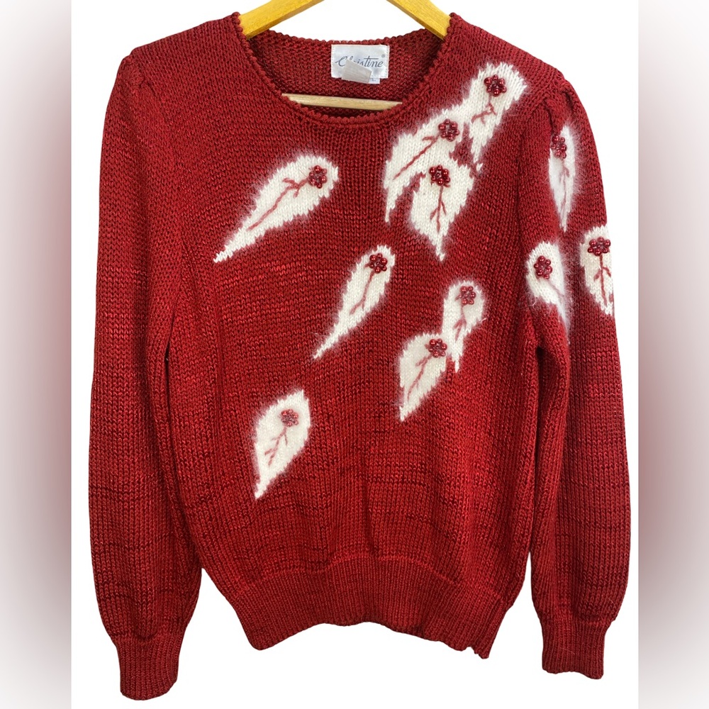 Vintage 1980s Christine Red Beaded Sweater Women’s Large Shoulder Pads